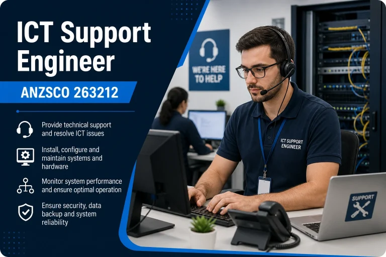 ICT support engineer providing technical assistance and troubleshooting systems
