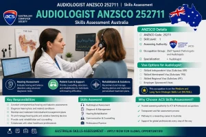 Audiologist ANZSCO 252711 Skills Assessment Australia infographic with visa pathways, occupation details, and audiology career information.
