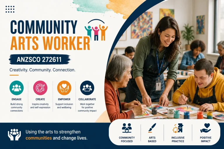 Community Arts Worker ANZSCO 272611 leading a creative community art workshop.