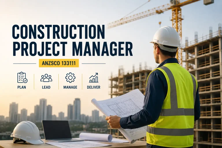 Construction Project Manager ANZSCO 133111 overseeing a large building project on a construction site.