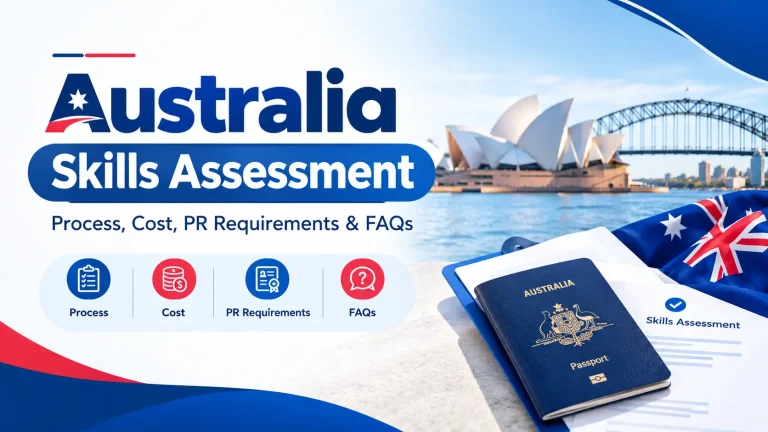 Australia Skills Assessment banner featuring a blue and red shield logo with the title “Australia Skills Assessment: Process, Cost, PR Requirements & FAQs” in red and white on a black background.