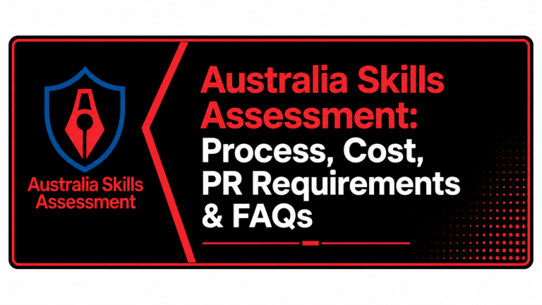 Australia Skills Assessment banner featuring a blue and red shield logo with the title “Australia Skills Assessment: Process, Cost, PR Requirements & FAQs” in red and white on a black background.